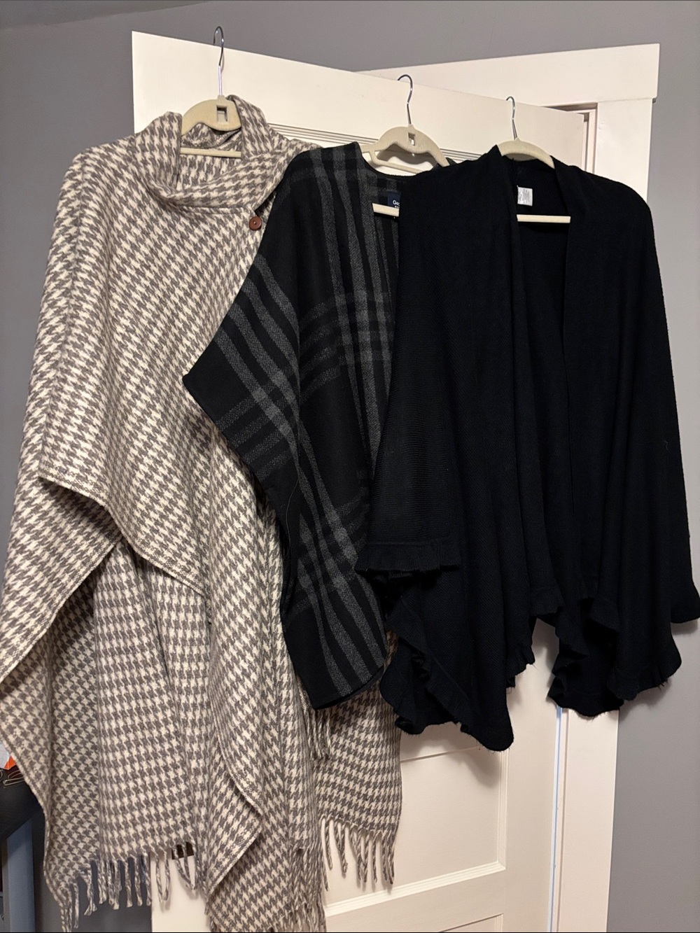 Neutral Houndstooth Poncho + Two Black Draped Shawls
